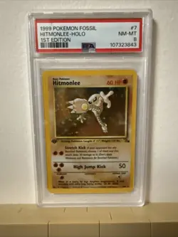 1999 POKEMON FOSSIL 1ST EDITION #7 HITMONLEE-HOLO PSA 8 - Image 3
