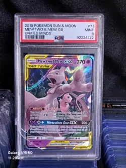 2019 Pokemon Sun & Moon Unified Minds #71 Mewtwo & Mew GX Tag Team PSA 9 - Image 1