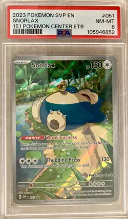 2023 SNORLAX #051 SVP EN 151 POKEMON CENTER ETB PROMO PSA 8 - Image 1