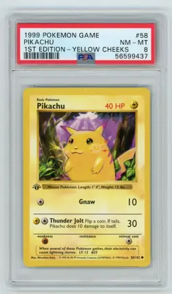 Pokemon Card Pikachu 58/102 1st Edition Shadowless Yellow Cheeks PSA 8 NM-MINT - Image 1