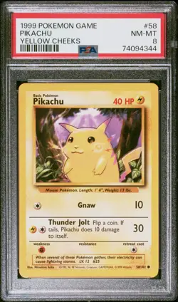 1999 POKEMON BASE SET UNLIMITED YELLOW CHEEKS #58 PIKACHU PSA 8 - Image 1