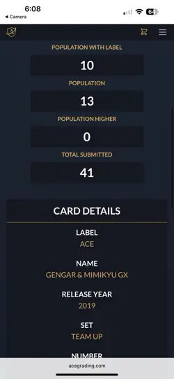 2019 TeamUp GENGAR & MIMIKYU GX SPECIAL ART #165 Graded Ace 10 pokemon card - Image 10