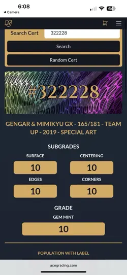 2019 TeamUp GENGAR & MIMIKYU GX SPECIAL ART #165 Graded Ace 10 pokemon card - Image 3