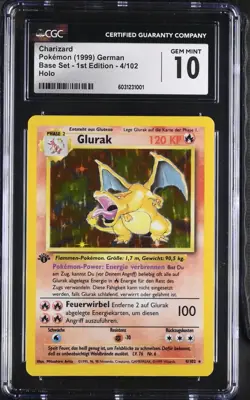 1999 Pokemon German Base Set 4 Charizard Holo 1st Edition CGC 10 Graded - Image 1