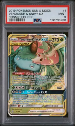 PSA 9 MINT Venusaur & Snivy GX 1/236 Cosmic Eclipse TAG TEAM Pokemon Card - Image 1