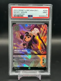 PSA 9 MINT Mickey Mouse Wayward Sorcerer ENCHANTED Holo Lorcana Card 208/204 - Image 1